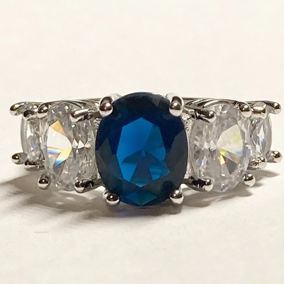 Silver Sapphire Blue Cubic Zirconia Anniversary Ring Size 7 Plated Simulated - Picture 2 of 11